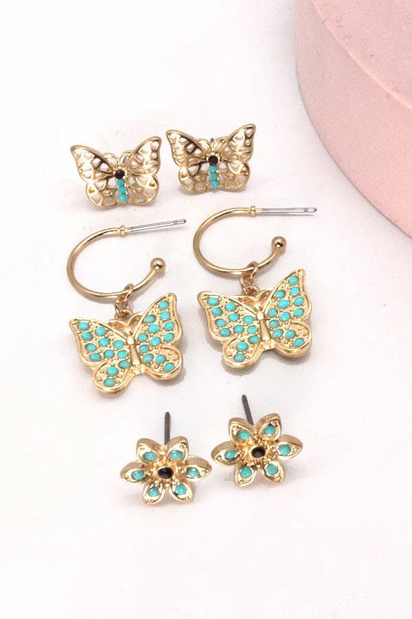 Turquoise Flower & Butterfly Trio Earrings