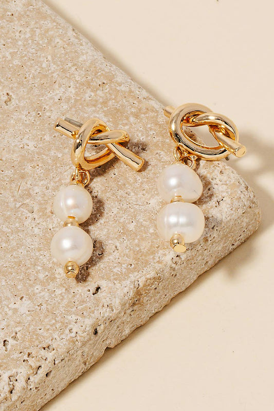 Double Pearl Charm Knot Stud Earrings