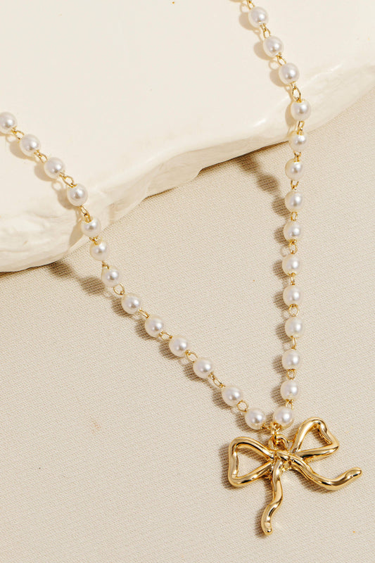 Pearl Chain Ribbon Bow Gold Pendant Necklace ONE LEFT