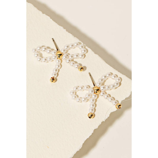 Pearl Beaded Ribbon Bow Gold Stud Earrings ONE LEFT