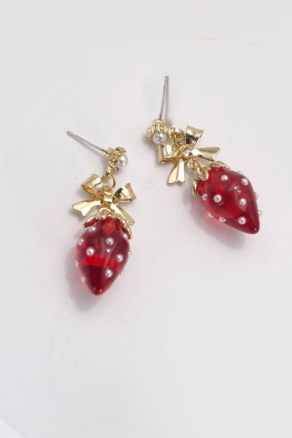 Resin Strawberry Bow Drop Earrings