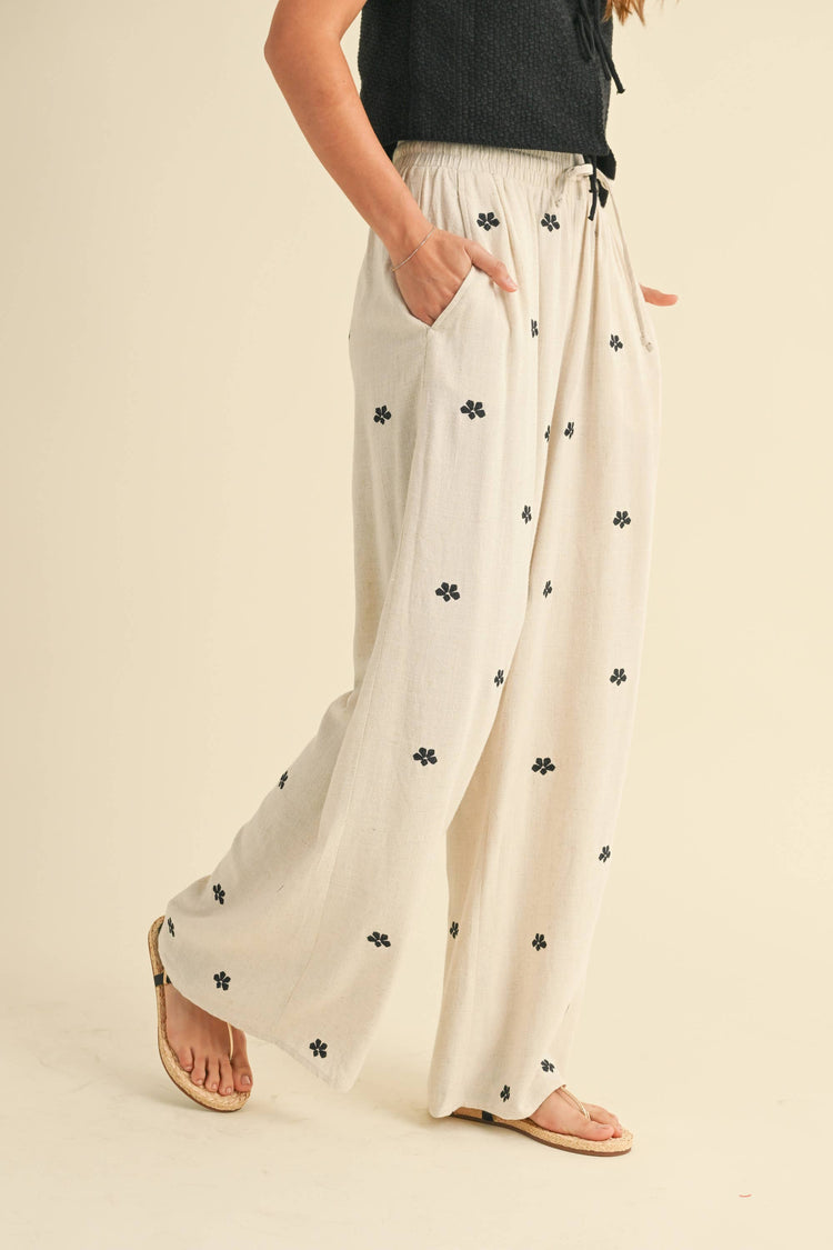 Flower Embroidered Linen Pants