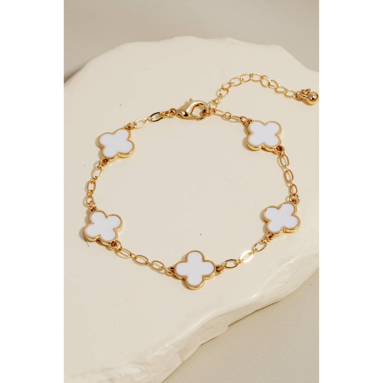 Enamel Clover Station Charms Chain Bracelet White ONE LEFT