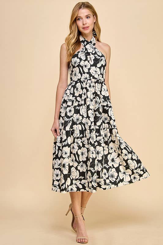 Black and White Floral Halter Midi ONE M LEFT