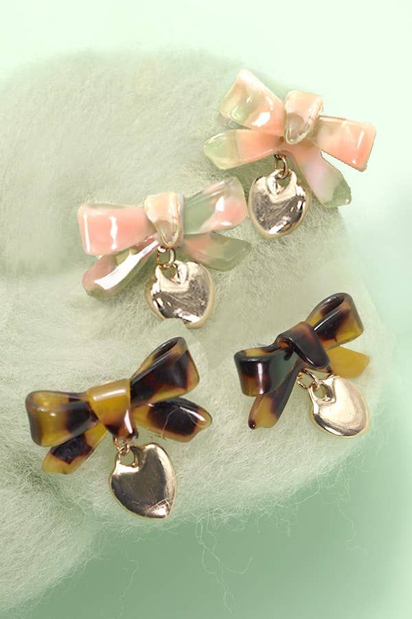 Cellulose Bow Ribbon Heart Drop Earrings ONE LEFT