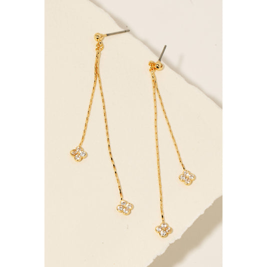 Double Cz Pave Clover Chain Dangle Earrings Gold