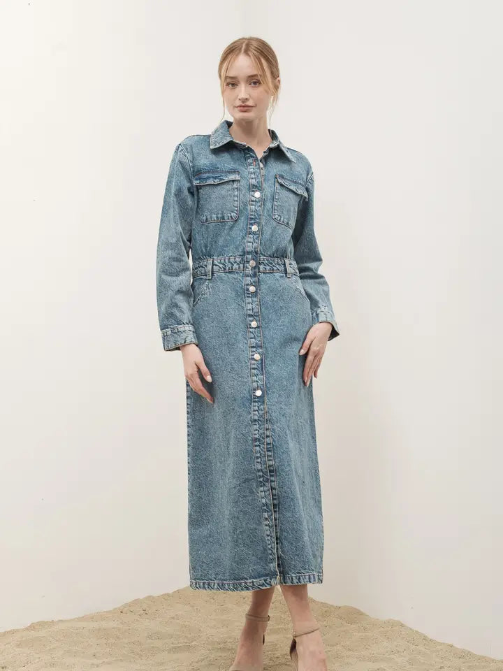 Denim Lapel Collar Maxi Dress