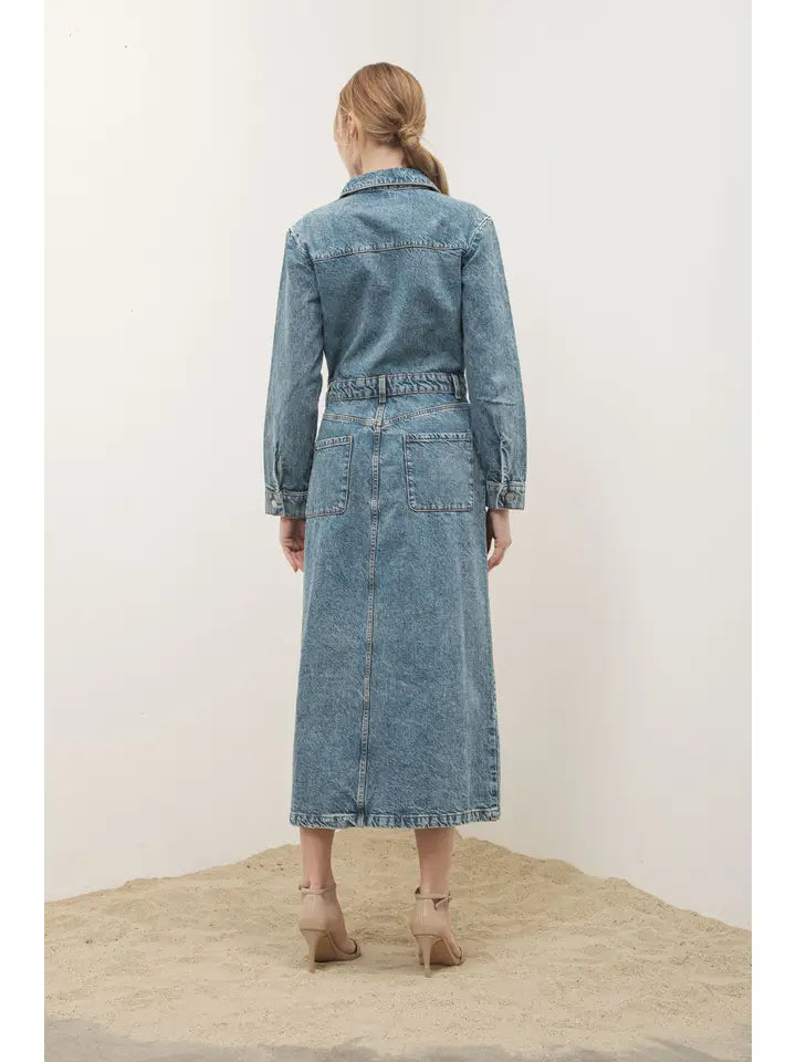 Denim Lapel Collar Maxi Dress