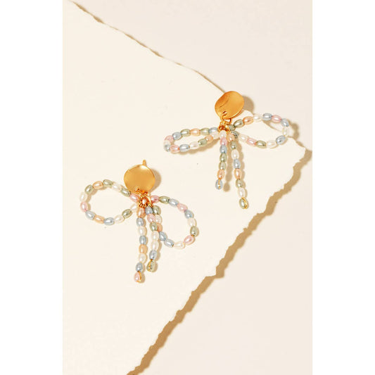 Pearl Beaded Ribbon Bow Dangle Earrings