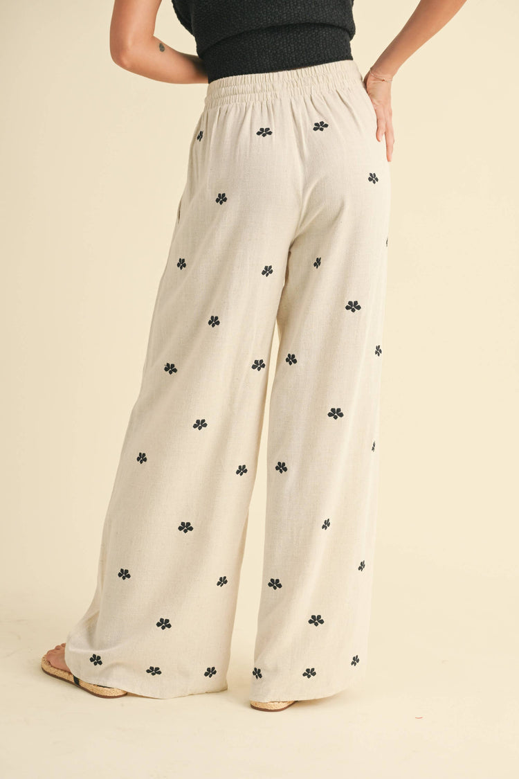 Flower Embroidered Linen Pants