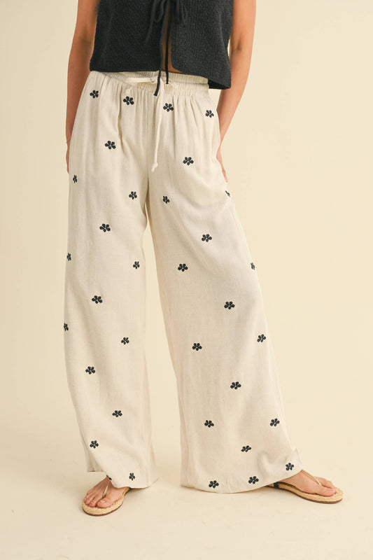 Flower Embroidered Linen Pants