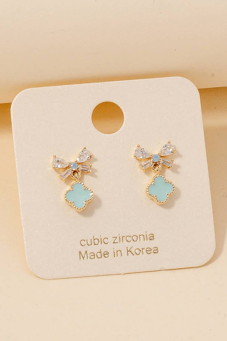 Cz Ribbon Bow And Enamel Clover Stud Dangle Earrings ONE LEFT