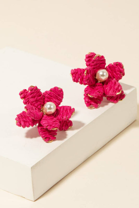 Ratan Flower Pearl Stud Earrings Pink ONE LEFT