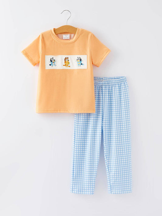 Cartoon Embroidered Boys Plaid Pants Outfit Set ONE 5 LEFT