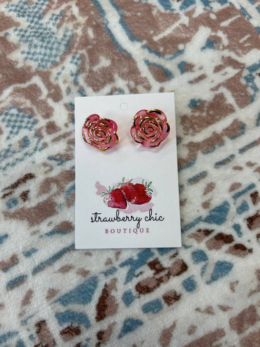 Hot Pink Rose Stud Earrings ONE LEFT