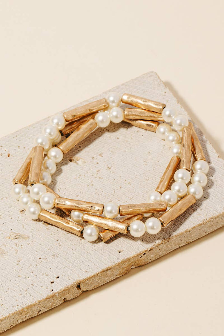 Pearl And Metallic Tube Beaded Bracelet Set Cream