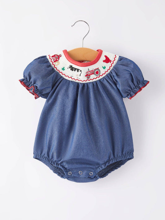 Girls Farm Smocking Embroidered Blue Romper