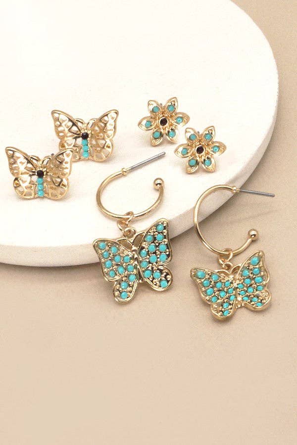 Turquoise Flower & Butterfly Trio Earrings