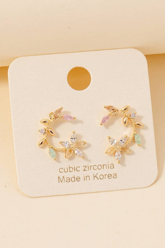 Cz Studded Crescent Flower Stud Earrings