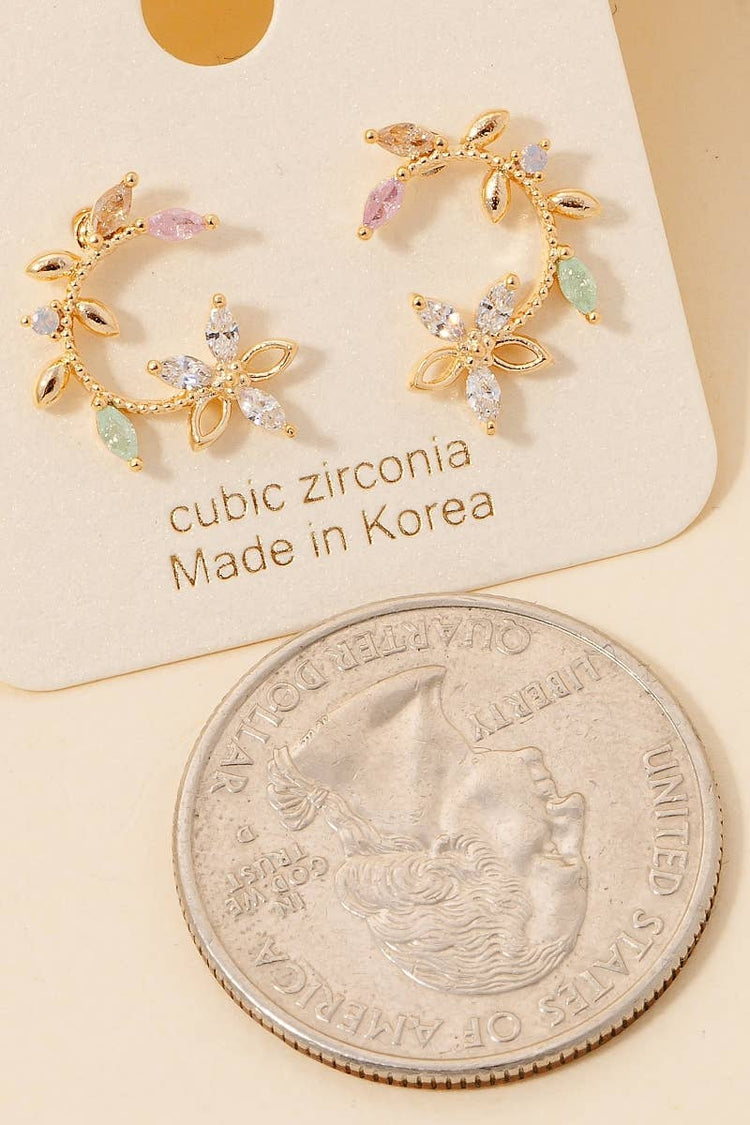 Cz Studded Crescent Flower Stud Earrings