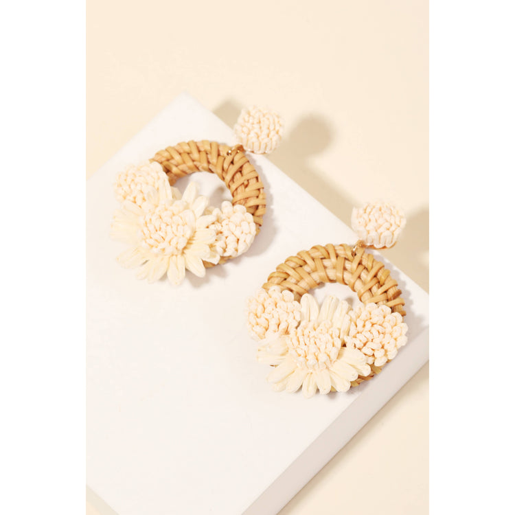 Raffia Flower Braided Hoop Drop Earrings Ivory ONE LEFT