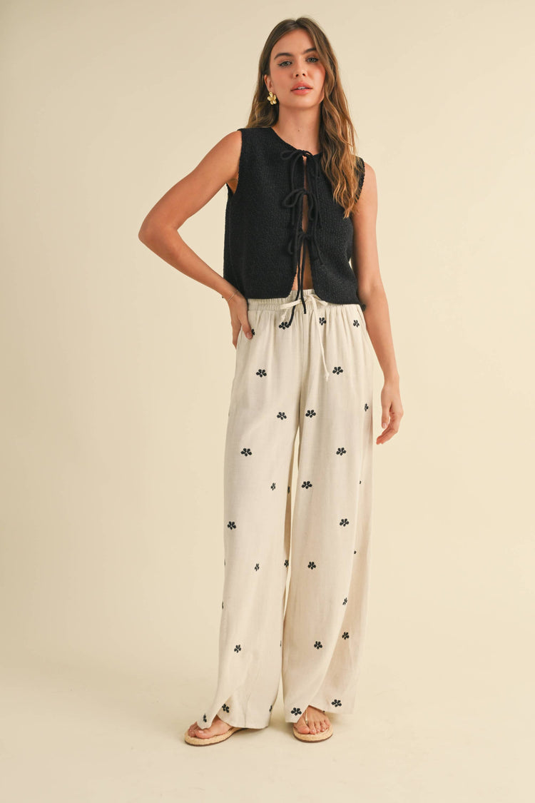 Flower Embroidered Linen Pants